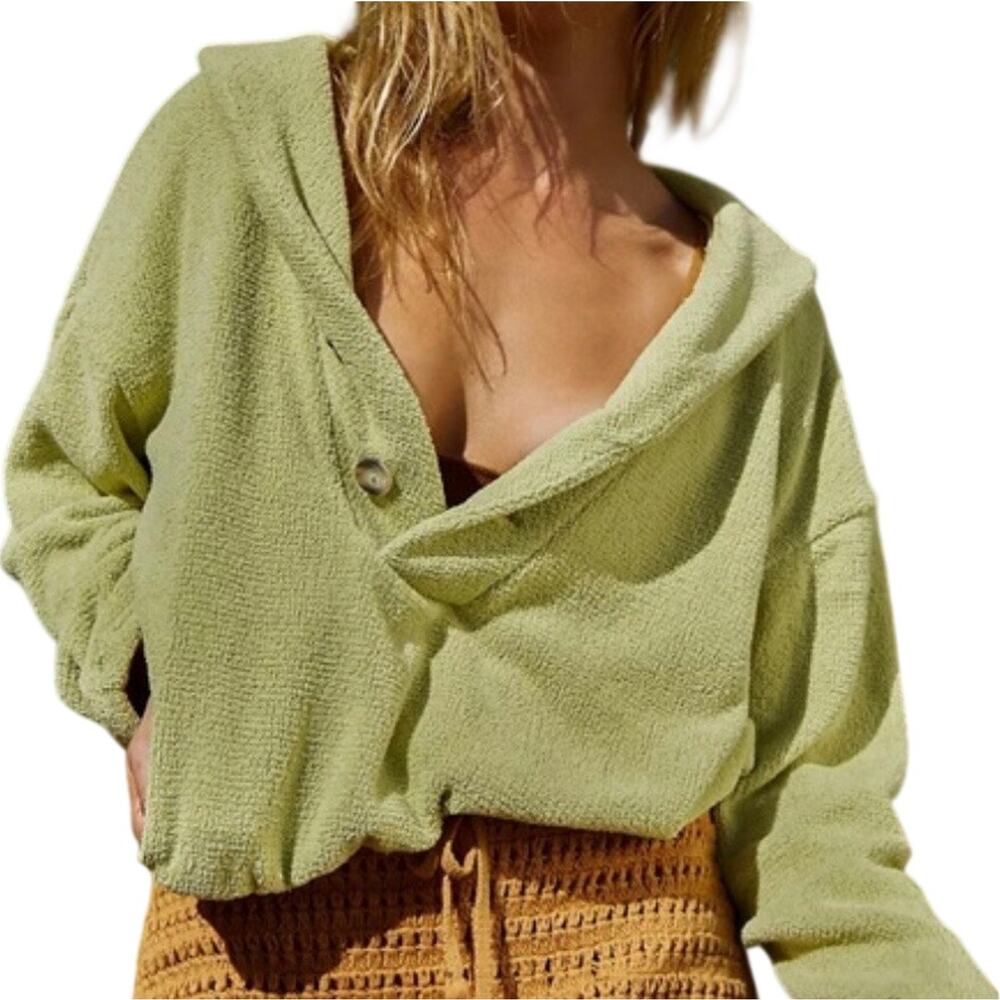 Free People Beach Bino Pullover Collared Sweatshirt Lime Size Small